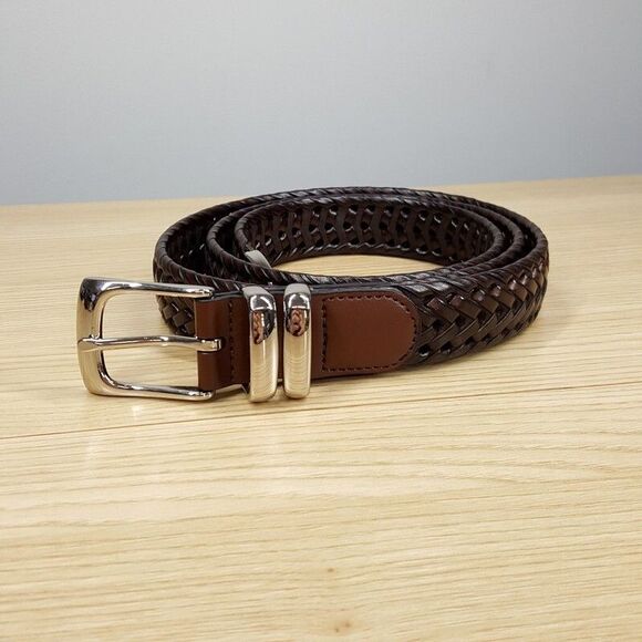PERRY ELLIS Mens Belt Size 42 Brown Braided Bonded Leather Silver Tone Hardware - Picture 1 of 8